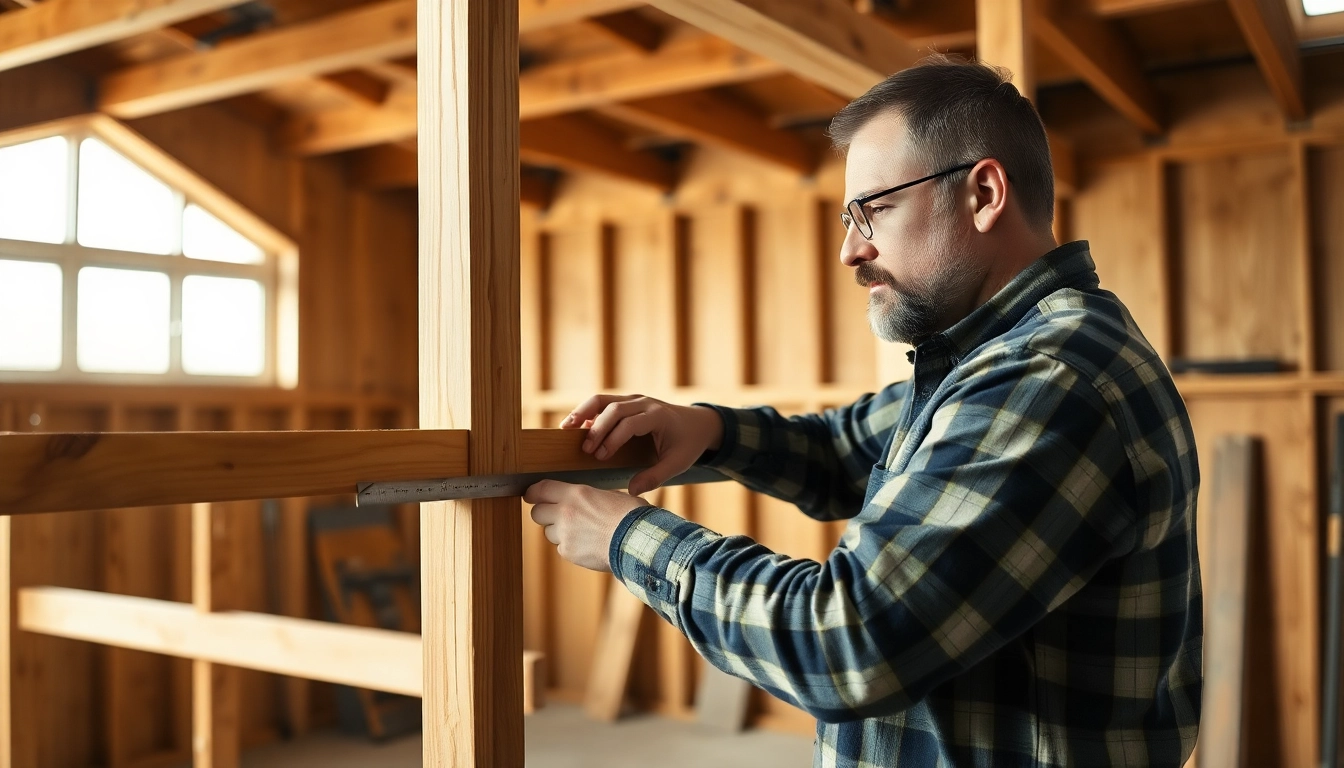 Expert framing in construction: carpenter fitting timber frames on a building support with precision tools.