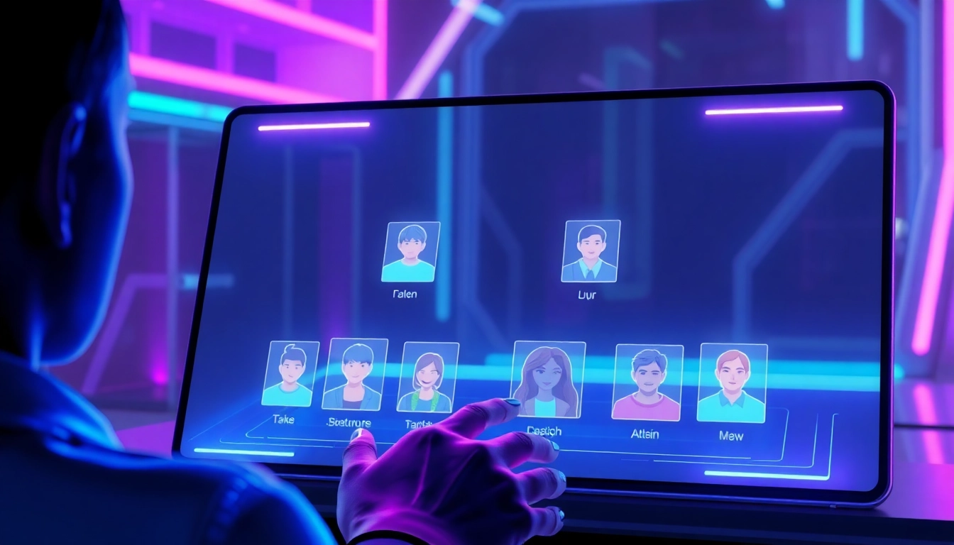 Futuristic digital interface showcasing customizable AI chat characters on a vibrant screen with neon accents.