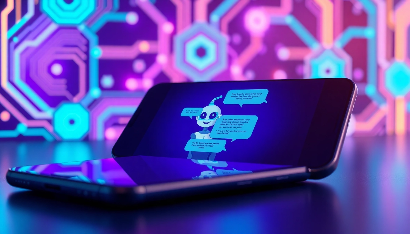 Futuristic digital chat interface with holographic elements and AI avatar on a sleek device screen.