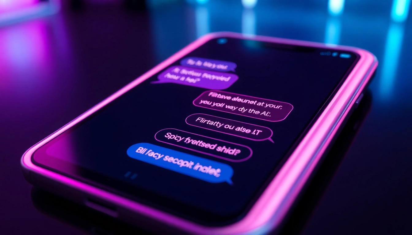Close-up of a smartphone screen showing a spicy AI chat conversation with neon accents and digital textures.
