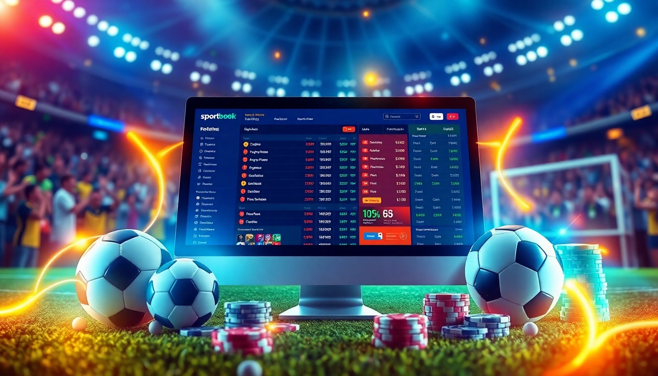 Digital sports betting interface with sports equipment and neon lights, conveying excitement and innovation in online gambling.