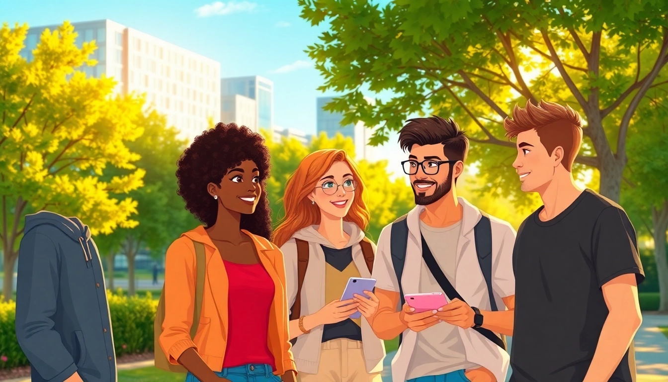Group of young adults chatting in a city park during sunset with vibrant colors and urban backdrop.