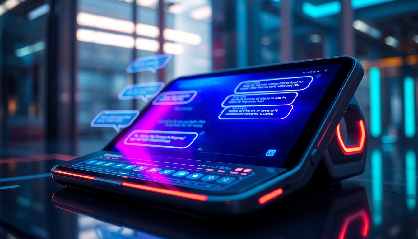 Futuristic AI chatbot interface on a sleek digital device with holographic chat bubbles and neon lighting