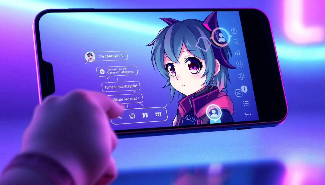 Anime-style character interacting with a chatbot on a futuristic device screen with neon lights.