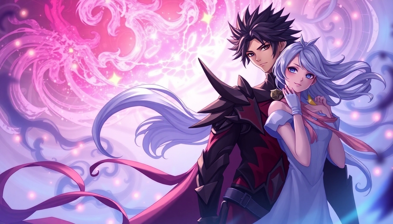 Illustration of two stylized characters representing Omegaverse dynamics with contrasting colors and expressions in a mystical setting.