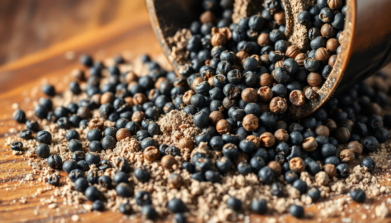 Premium black pepper powder being ground with fresh peppercorns, highlighting quality and